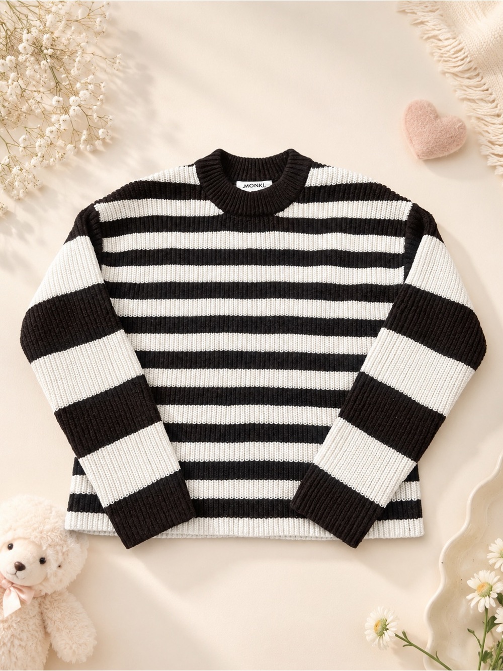 MONKI Brown Cream Striped Chunky Knit Sweater XS Cozy Ribbed Crewneck